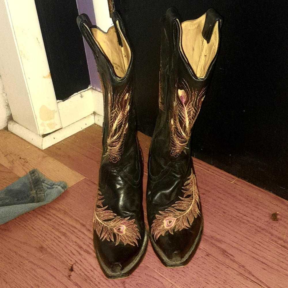 Corral Boots, size 9 black with gold and red designs